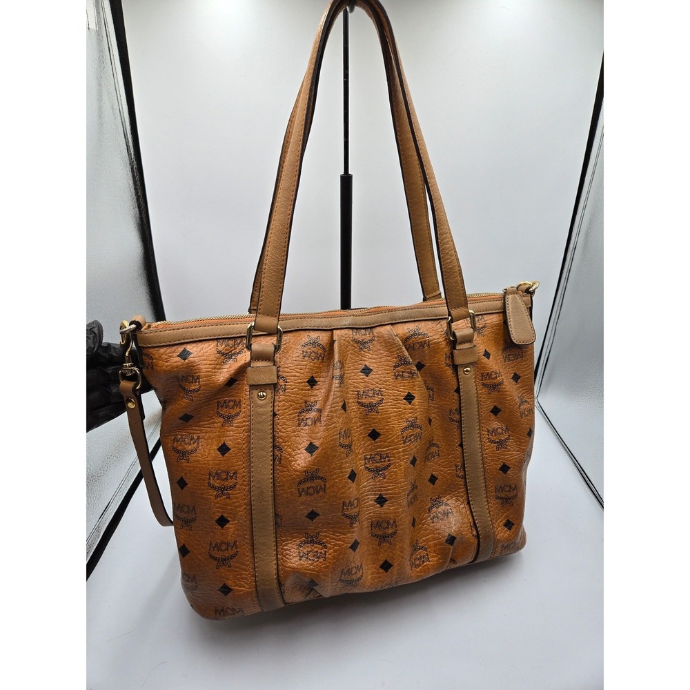 MCM Vintage Cognac Coated‎ Canvas Leather Trimmed Shoulder Bag Tote Purse - Picture 9 of 12